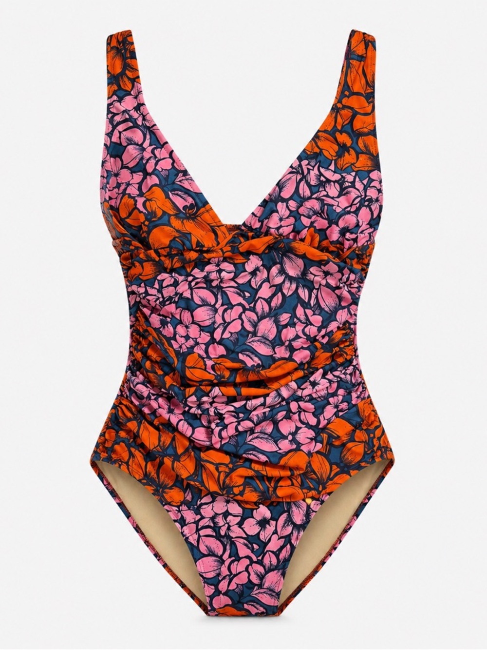 J.Crew One Piece Swimsuit Floral Pink Orange Ruched Size 8 V Neck Summer